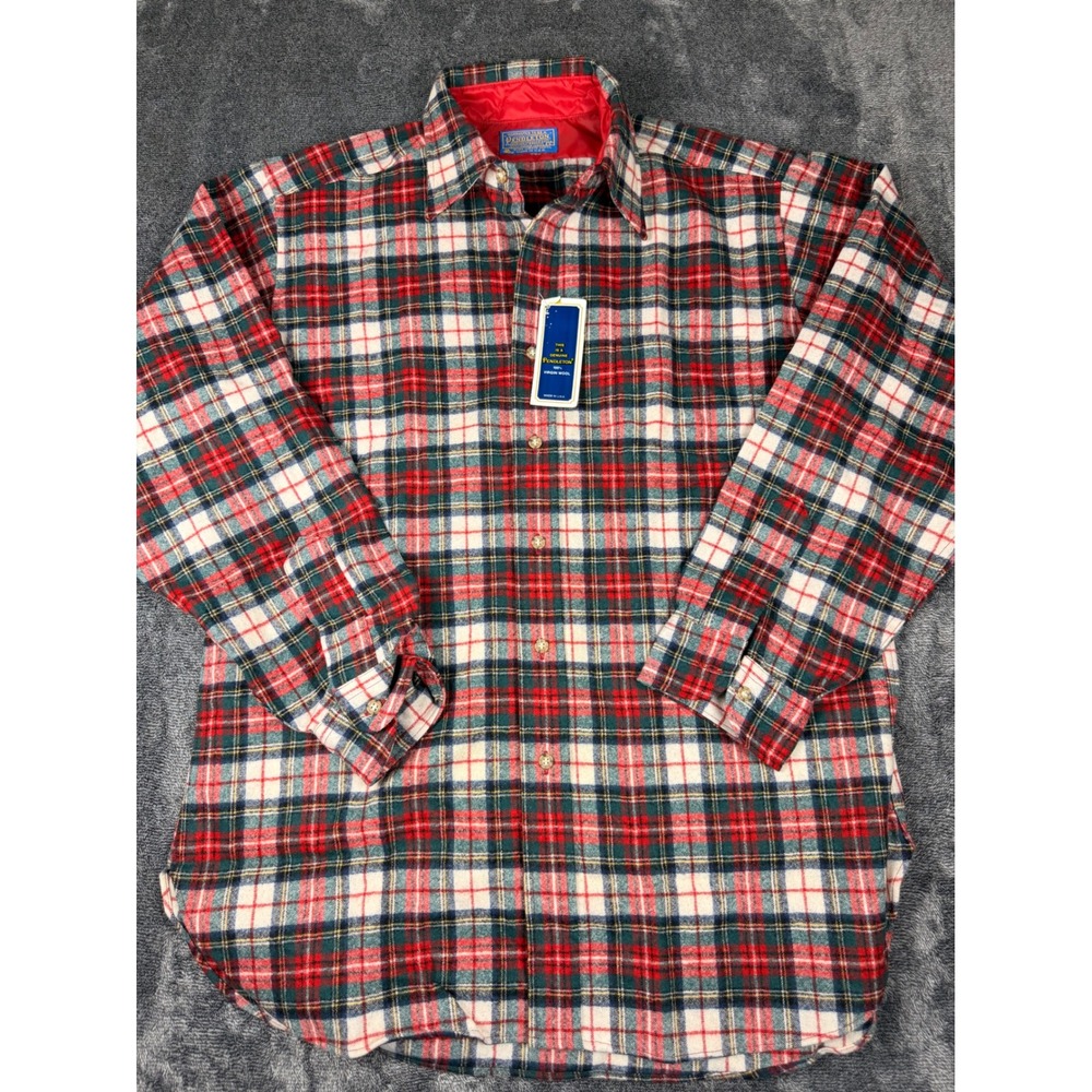 Pendleton Mens Virgin Wool Plaid Flannel Shirt Red Green White Large NWT USA